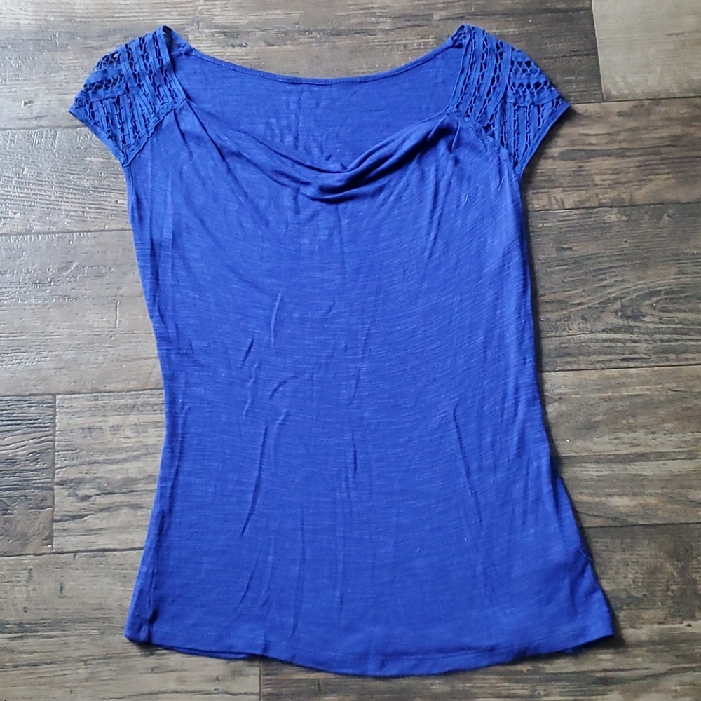 Cable and Gauge Drape Neck Lace Cap Sleeve Top